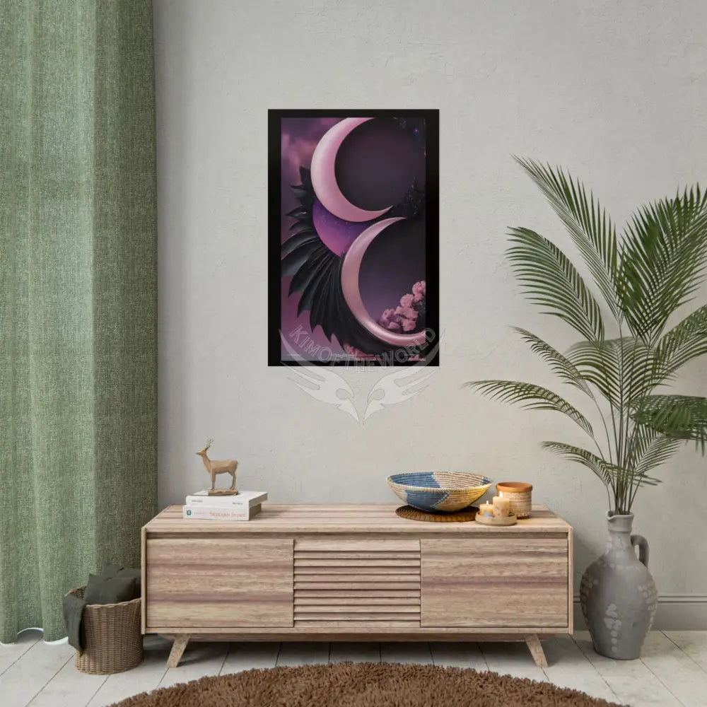 Satin Black & Pink Gothic Crescent Moon Fashion and Surrealist Portrait Poster Print Set Pcs — Luxury Surreal
