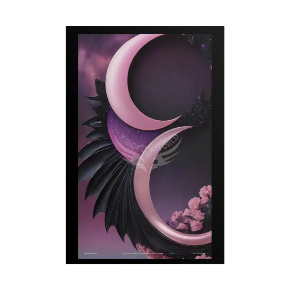 Satin Black & Pink Gothic Crescent Moon Fashion and Surrealist Portrait Poster Print Set Pcs — Luxury Surreal
