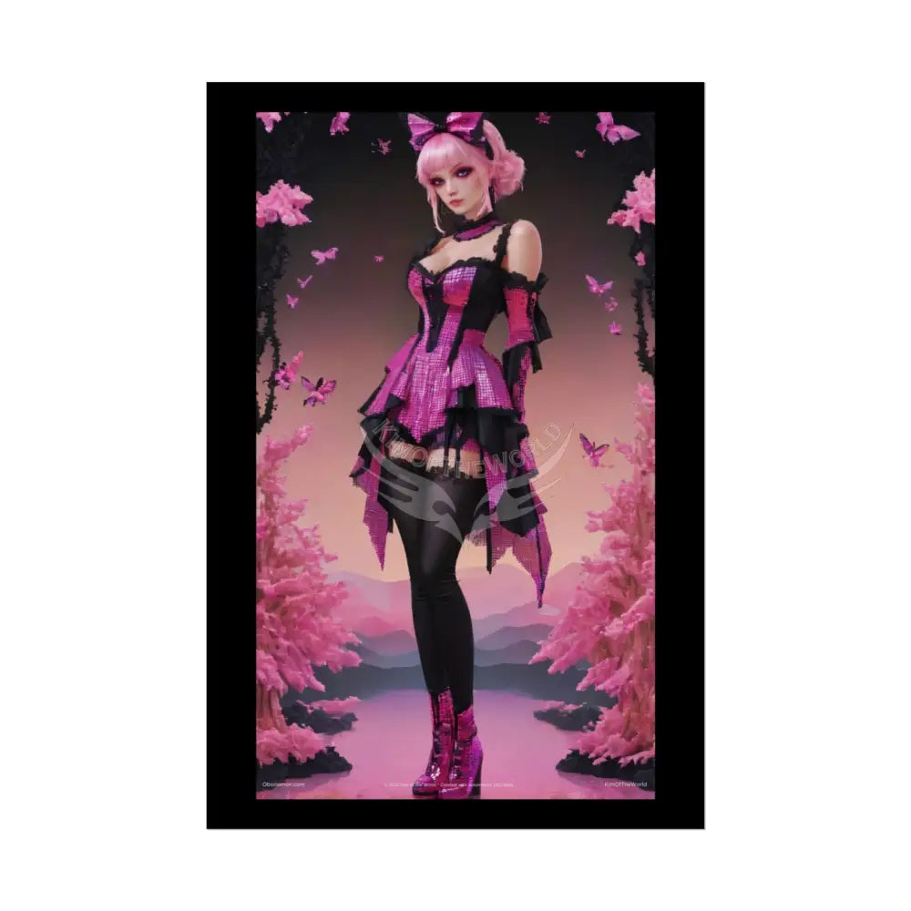 Satin Black & Pink Gothic Fashion Giant Lotus Poster Print Set Pcs — Luxury Iridescent Wall Art for Bedroom and Fashion