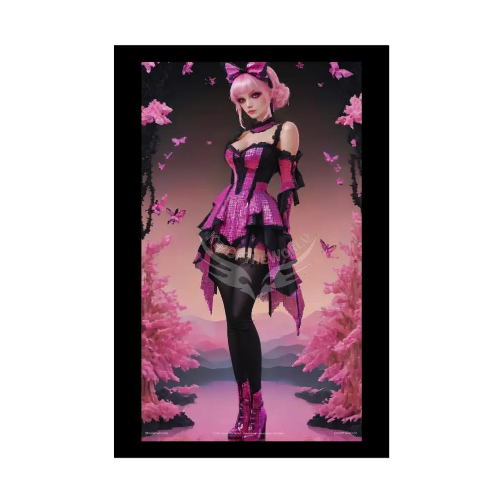 Satin Black & Pink Gothic Fashion Giant Lotus Poster Print Set Pcs — Luxury Iridescent Wall Art for Bedroom and Fashion