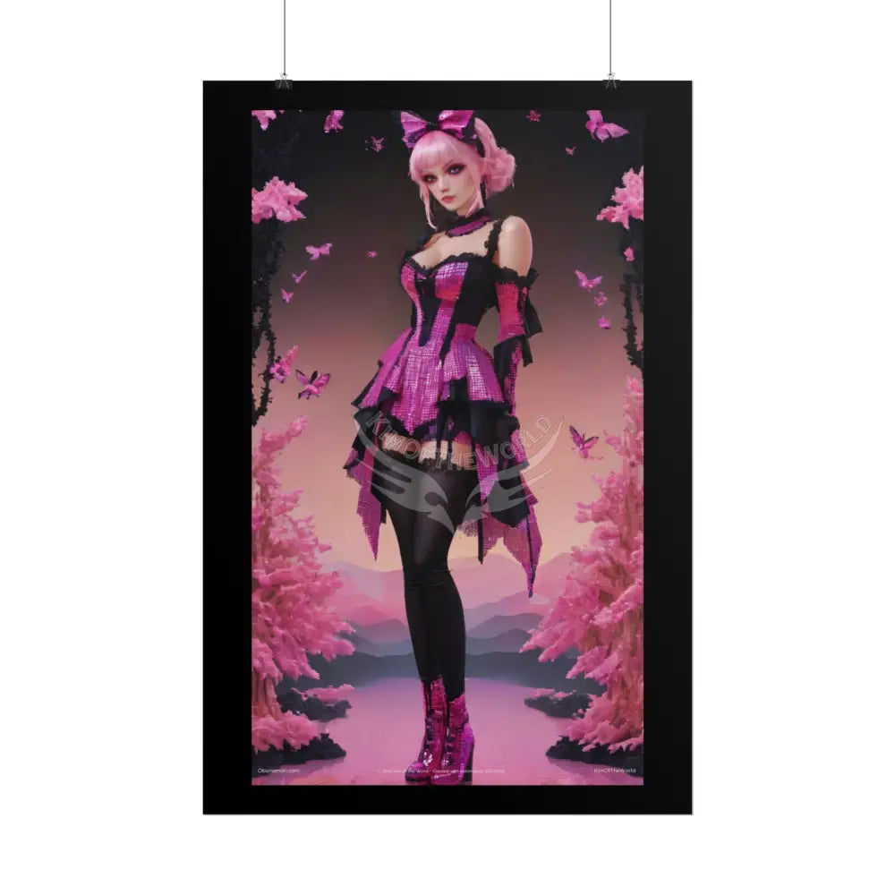 Satin Black & Pink Gothic Fashion Giant Lotus Poster Print Set Pcs — Luxury Iridescent Wall Art for Bedroom and Fashion