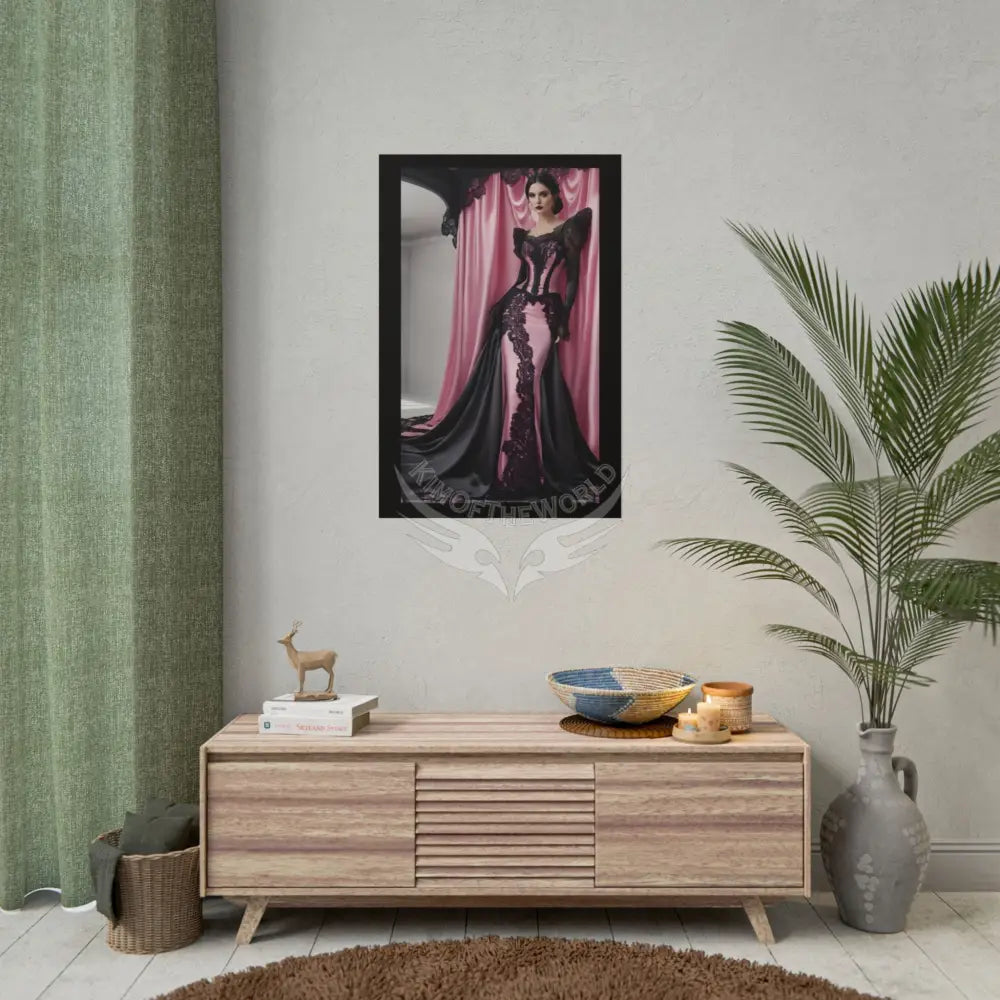 Satin Black & Pink Gothic Fashion Lady Poster Print Set Pcs — Luxury Iridescent Wall Art for Bedroom and Fashion Home
