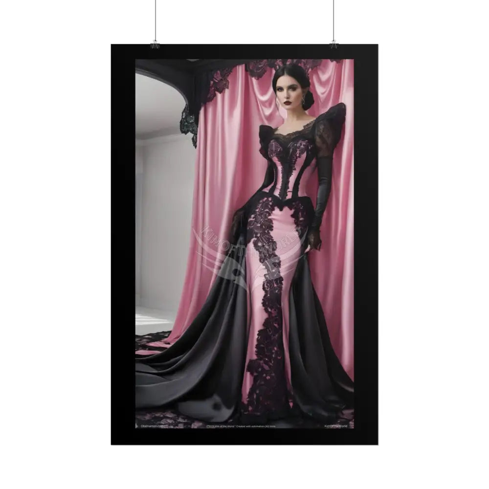 Satin Black & Pink Gothic Fashion Lady Poster Print Set Pcs — Luxury Iridescent Wall Art for Bedroom and Fashion Home