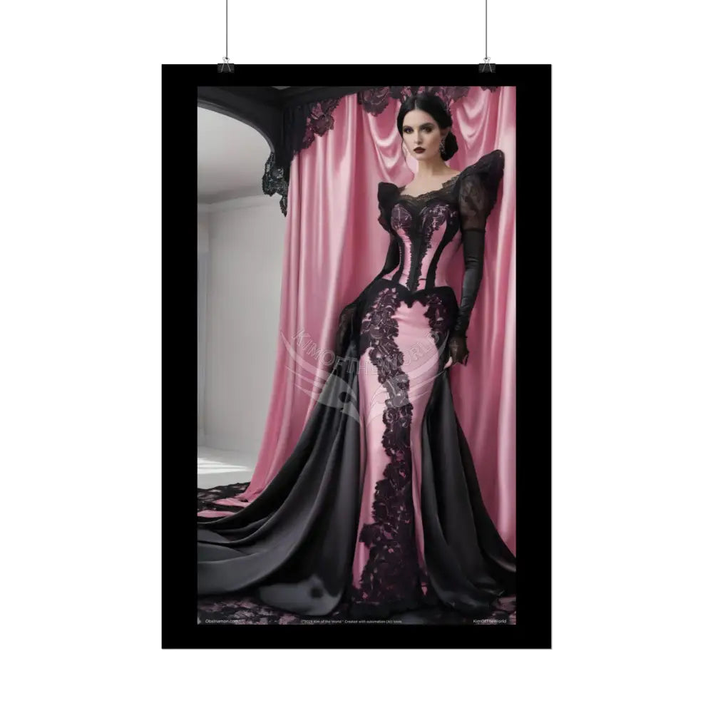 Satin Black & Pink Gothic Fashion Lady Poster Print Set Pcs — Luxury Iridescent Wall Art for Bedroom and Fashion Home