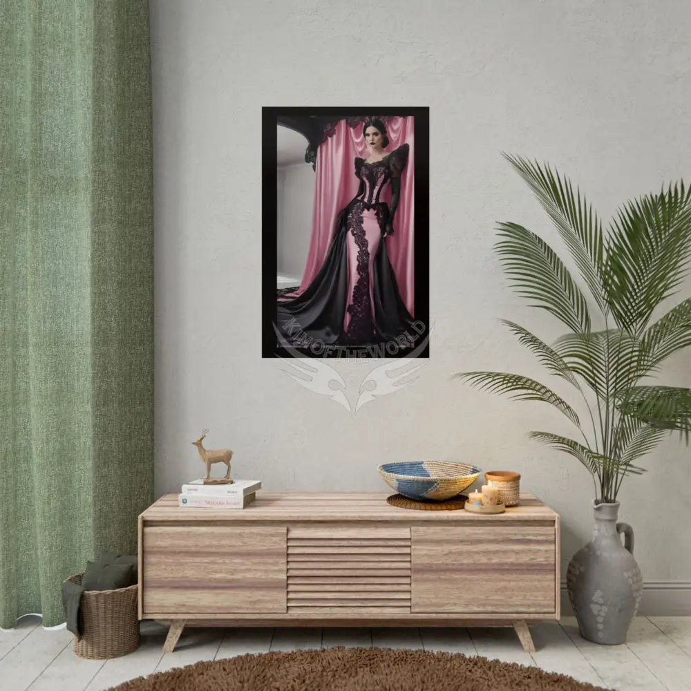Satin Black & Pink Gothic Fashion Lady Poster Print Set Pcs — Luxury Iridescent Wall Art for Bedroom and Fashion Home