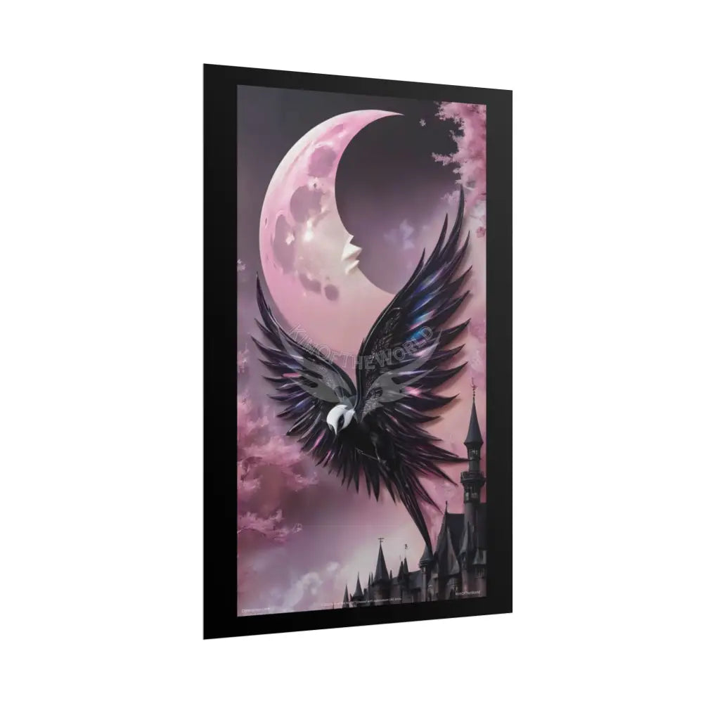 Satin Black & Pink Gothic Phoenix Bird Moon Fashion and Surrealist Portrait Poster Print Set Pcs — Luxury Surreal