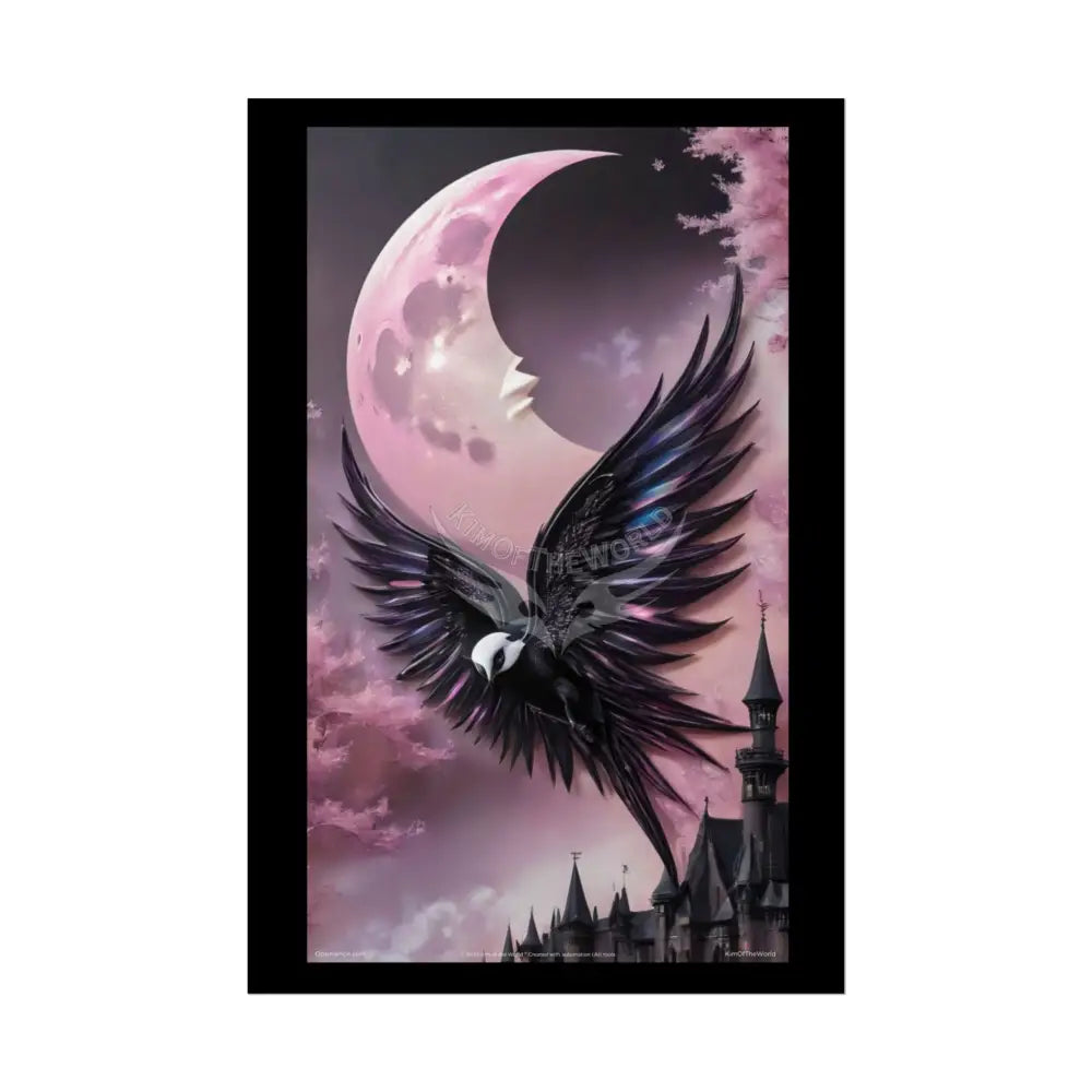 Satin Black & Pink Gothic Phoenix Bird Moon Fashion and Surrealist Portrait Poster Print Set Pcs — Luxury Surreal