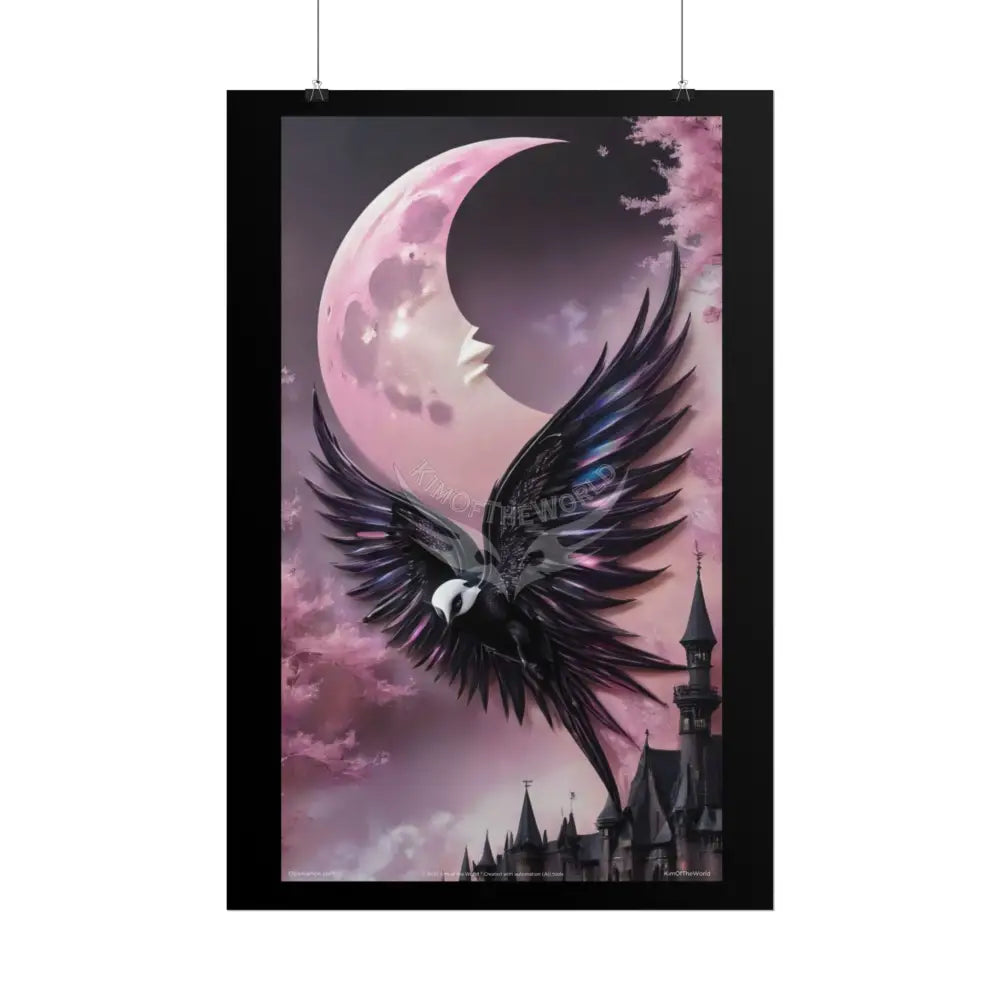 Satin Black & Pink Gothic Phoenix Bird Moon Fashion and Surrealist Portrait Poster Print Set Pcs — Luxury Surreal