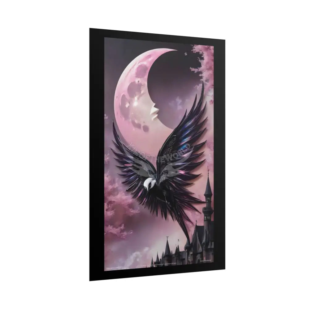 Satin Black & Pink Gothic Phoenix Bird Moon Fashion and Surrealist Portrait Poster Print Set Pcs — Luxury Surreal