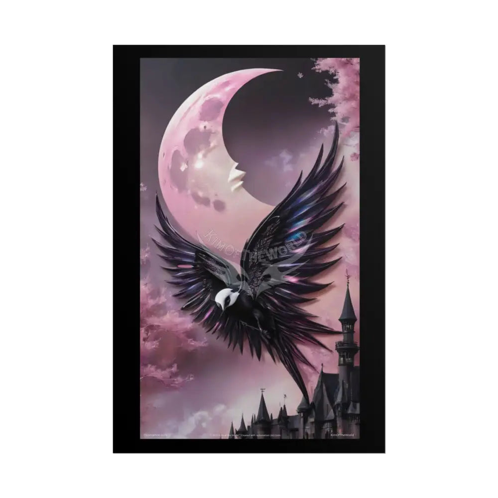 Satin Black & Pink Gothic Phoenix Bird Moon Fashion and Surrealist Portrait Poster Print Set Pcs — Luxury Surreal