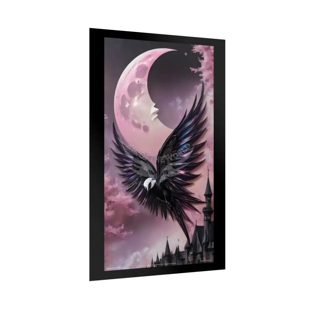 Satin Black & Pink Gothic Phoenix Bird Moon Fashion and Surrealist Portrait Poster Print Set Pcs — Luxury Surreal