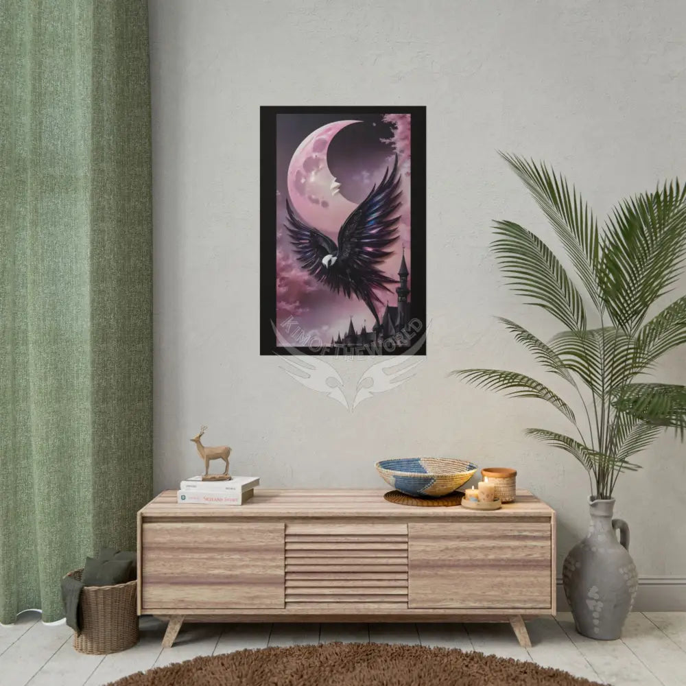 Satin Black & Pink Gothic Phoenix Bird Moon Fashion and Surrealist Portrait Poster Print Set Pcs — Luxury Surreal