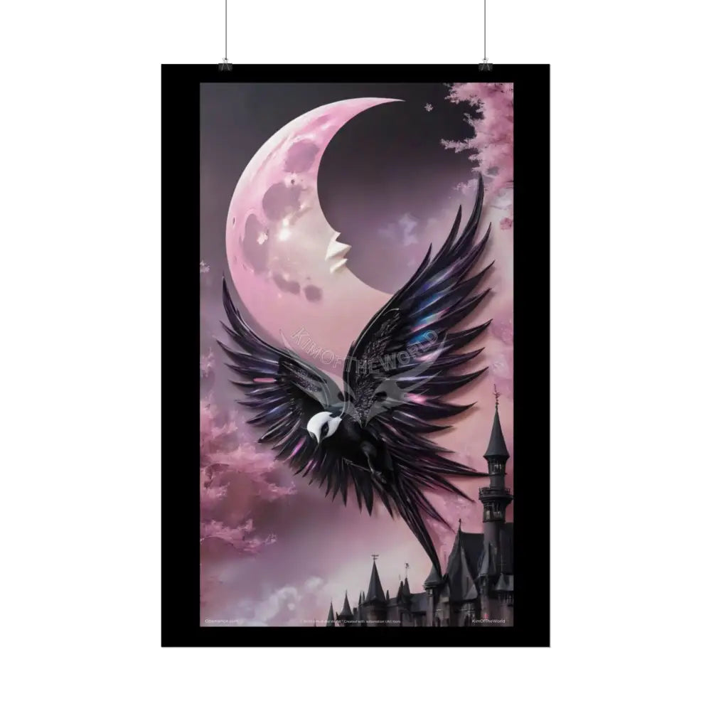Satin Black & Pink Gothic Phoenix Bird Moon Fashion and Surrealist Portrait Poster Print Set Pcs — Luxury Surreal