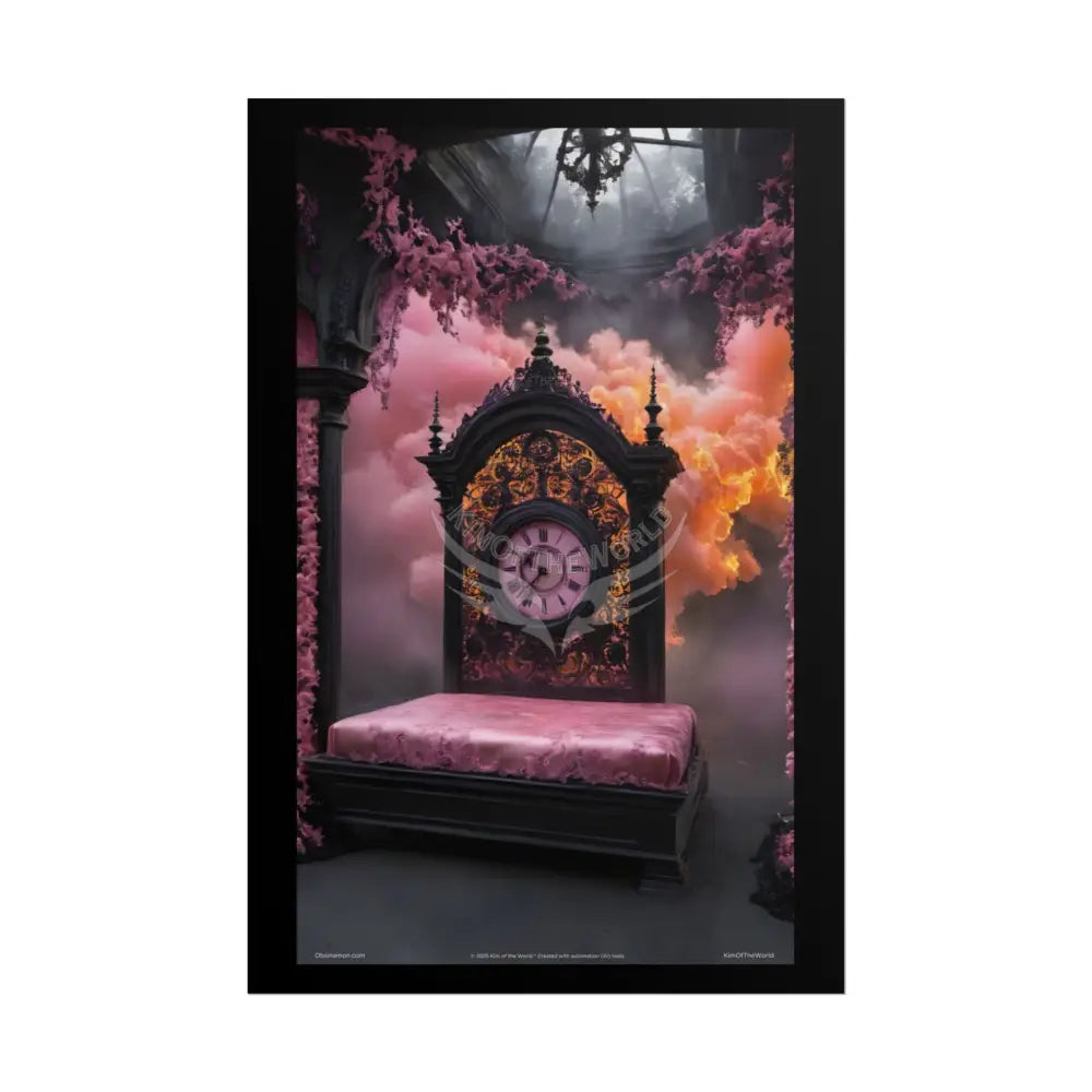 Satin Black & Pink Orange Steampunk Lace Clock Poster Print Set Pcs — Luxury Iridescent Wall Art for Bedroom and