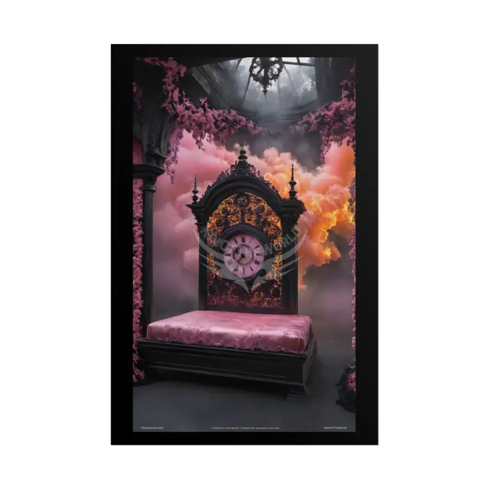 Satin Black & Pink Orange Steampunk Lace Clock Poster Print Set Pcs — Luxury Iridescent Wall Art for Bedroom and