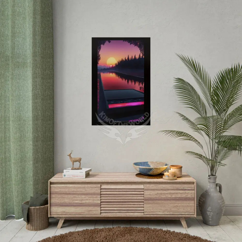 Satin Black & Red Fashion Fantasy Beach Sunset Bed Poster Print Set Pcs — Luxury Iridescent Wall Art for Bedroom and