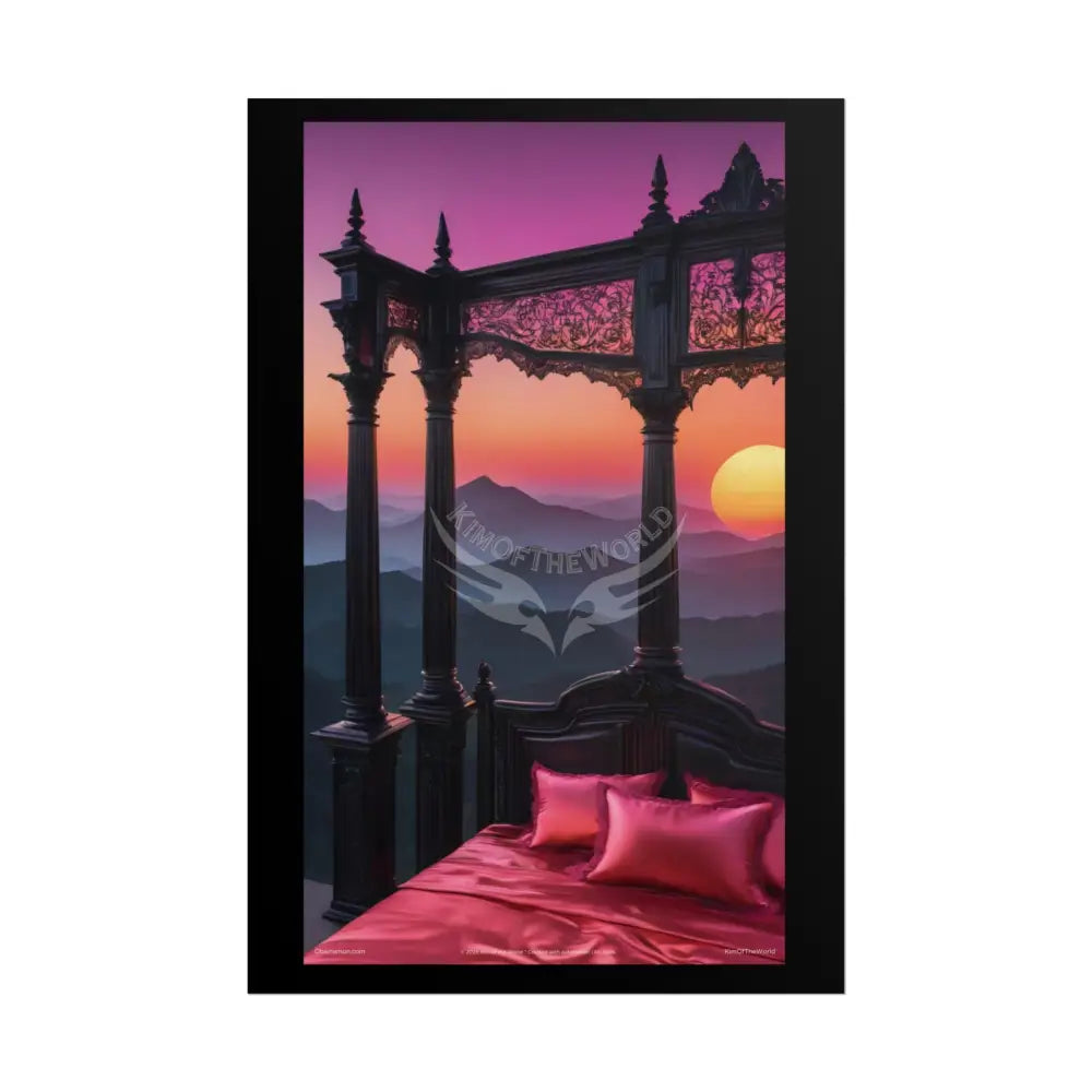 Satin Black & Red Fashion Fantasy Beach Sunset Bed Poster Print Set Pcs — Luxury Iridescent Wall Art for Bedroom and
