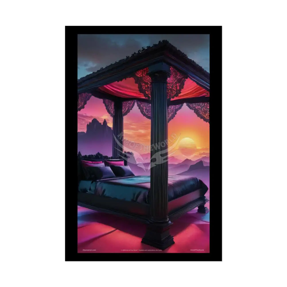 Satin Black & Red Fashion Fantasy Beach Sunset Bed Poster Print Set Pcs — Luxury Iridescent Wall Art for Bedroom and