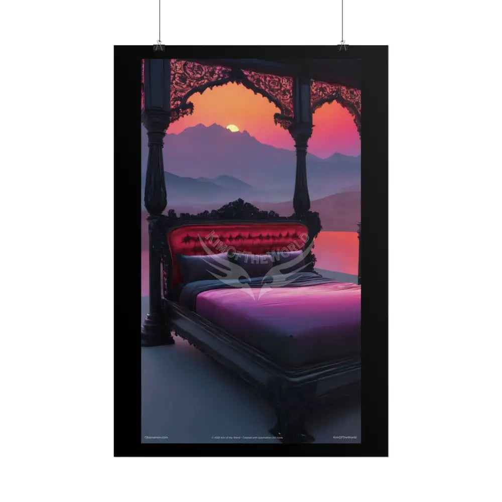 Satin Black & Red Fashion Fantasy Beach Sunset Bed Poster Print Set Pcs — Luxury Iridescent Wall Art for Bedroom and