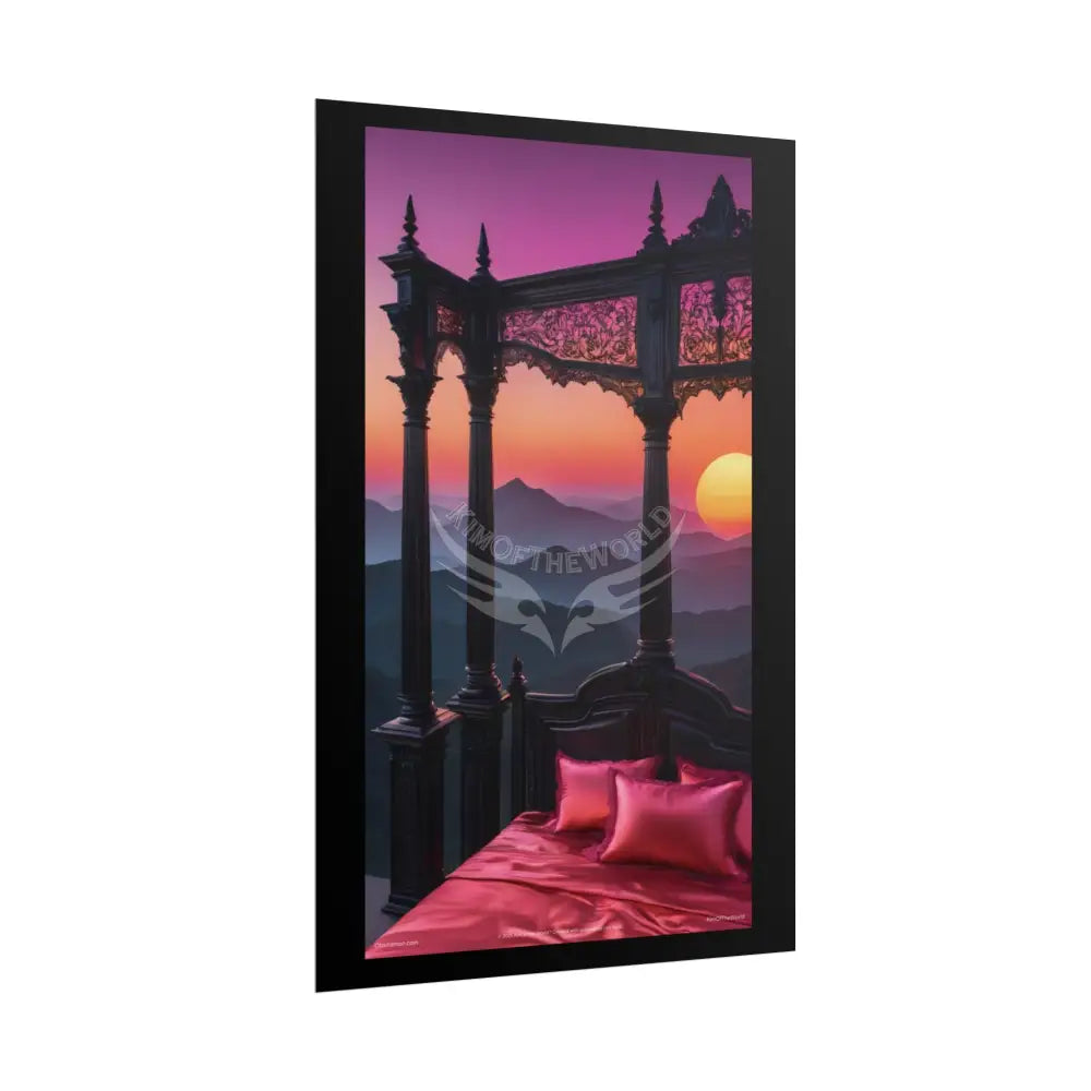 Satin Black & Red Fashion Fantasy Beach Sunset Bed Poster Print Set Pcs — Luxury Iridescent Wall Art for Bedroom and