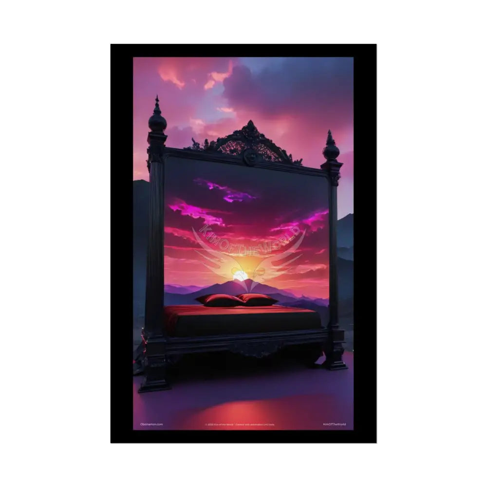 Satin Black & Red Fashion Fantasy Beach Sunset Bed Poster Print Set Pcs — Luxury Iridescent Wall Art for Bedroom and