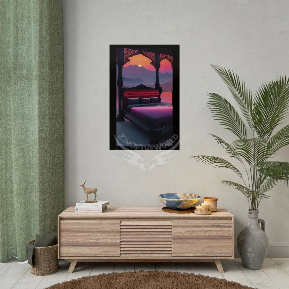 Satin Black & Red Fashion Fantasy Beach Sunset Bed Poster Print Set Pcs — Luxury Iridescent Wall Art for Bedroom and