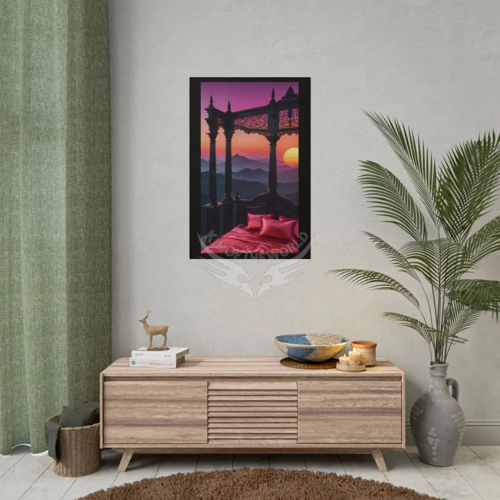 Satin Black & Red Fashion Fantasy Beach Sunset Bed Poster Print Set Pcs — Luxury Iridescent Wall Art for Bedroom and