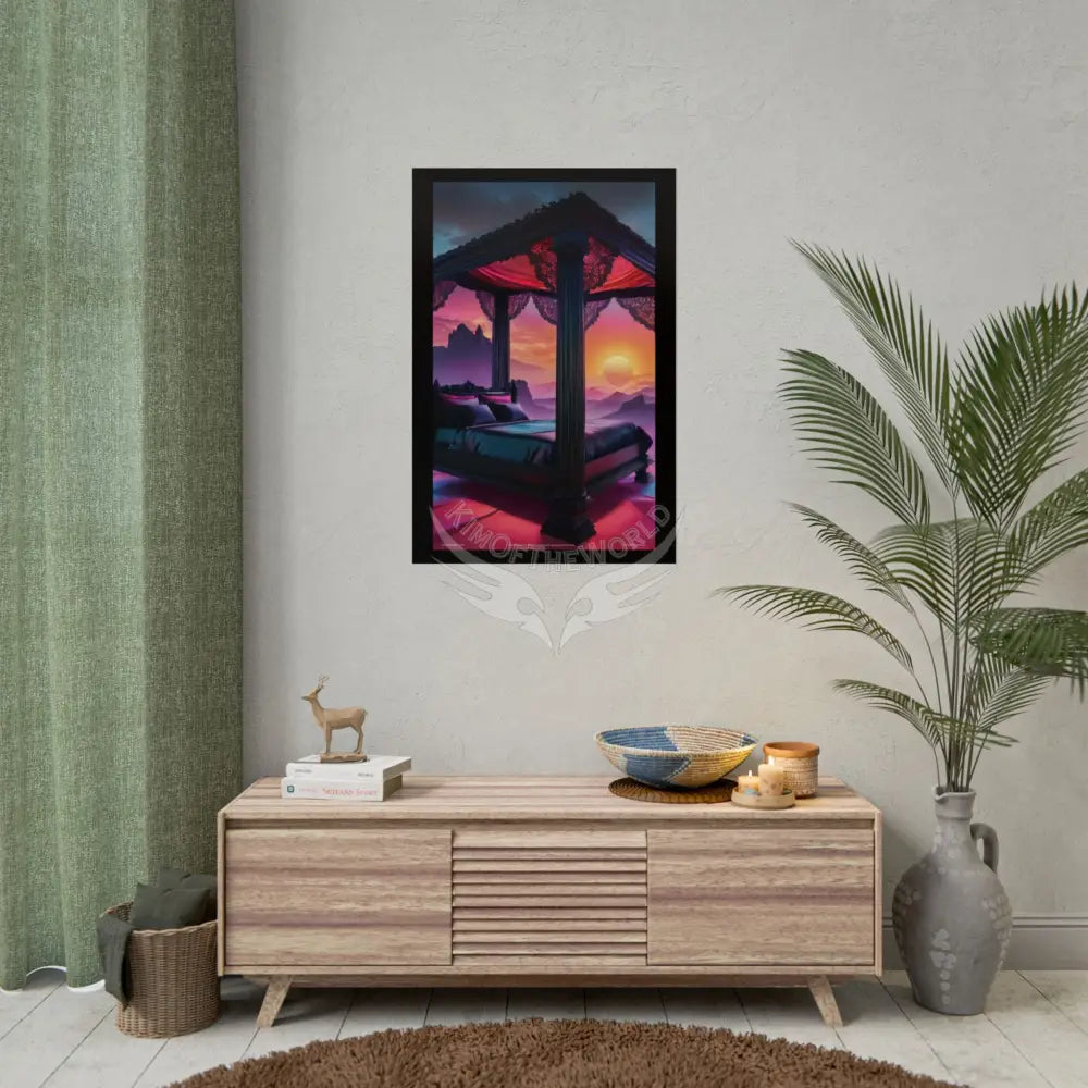 Satin Black & Red Fashion Fantasy Beach Sunset Bed Poster Print Set Pcs — Luxury Iridescent Wall Art for Bedroom and