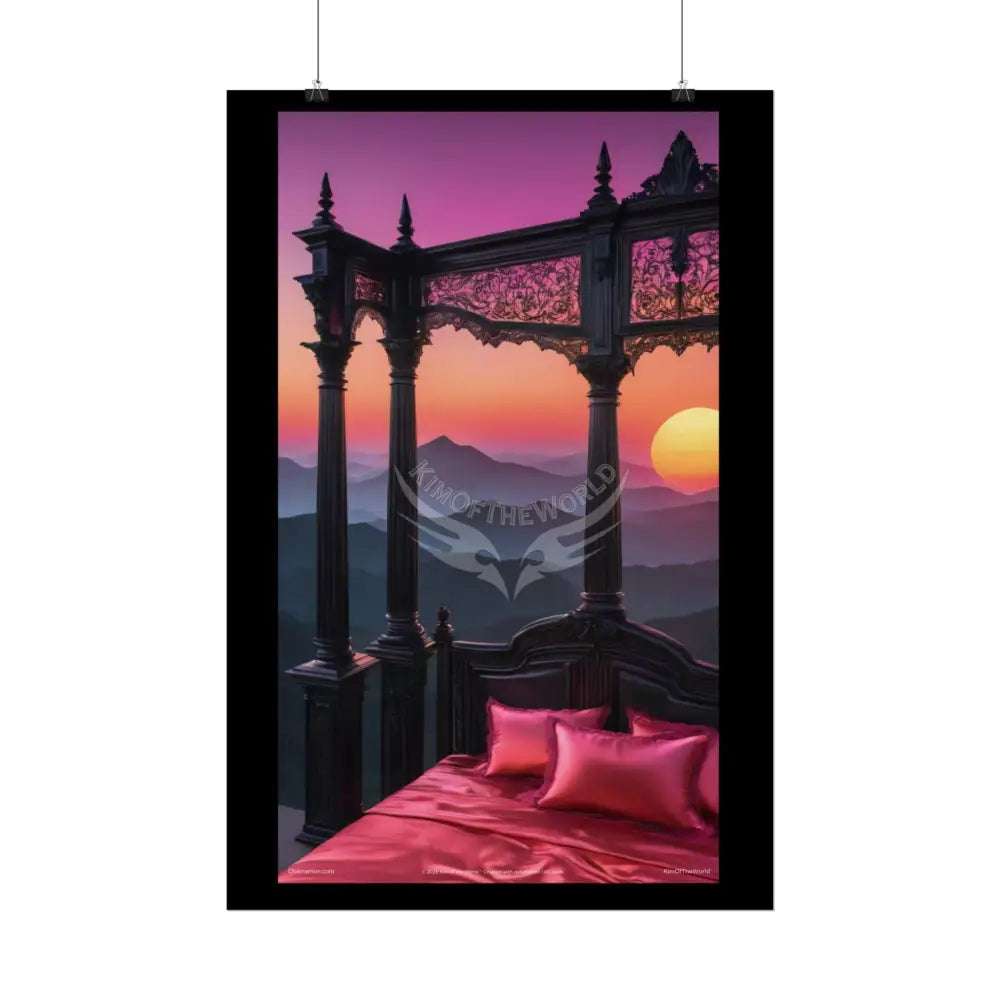 Satin Black & Red Fashion Fantasy Beach Sunset Bed Poster Print Set Pcs — Luxury Iridescent Wall Art for Bedroom and