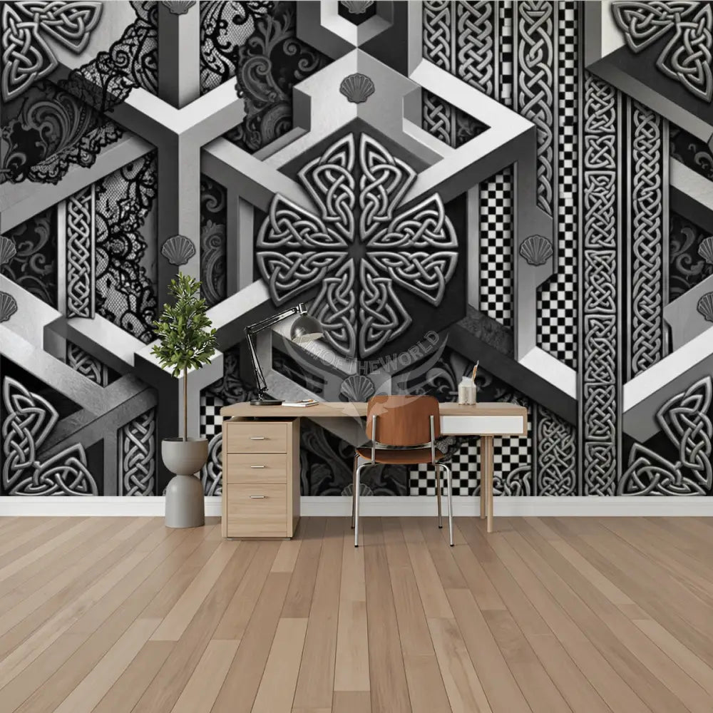 Silver 3D Pewter Chrome Geometric Shells and Lace Unpasted Mural Wallpaper 144’’x100’’ 144’’x100’’ Wall Coverings