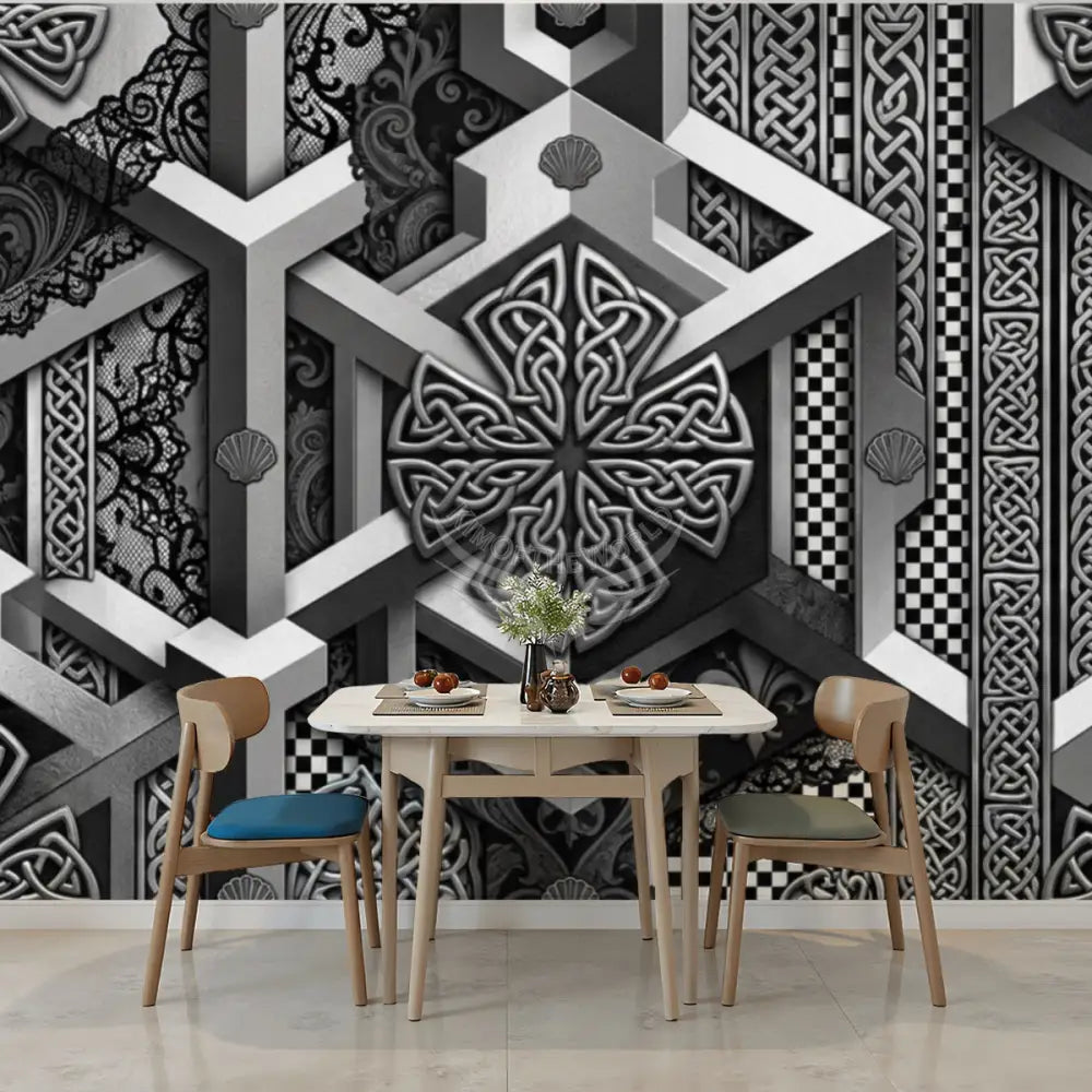 Silver 3D Pewter Chrome Geometric Shells and Lace Unpasted Mural Wallpaper 144’’x100’’ 144’’x100’’ Wall Coverings