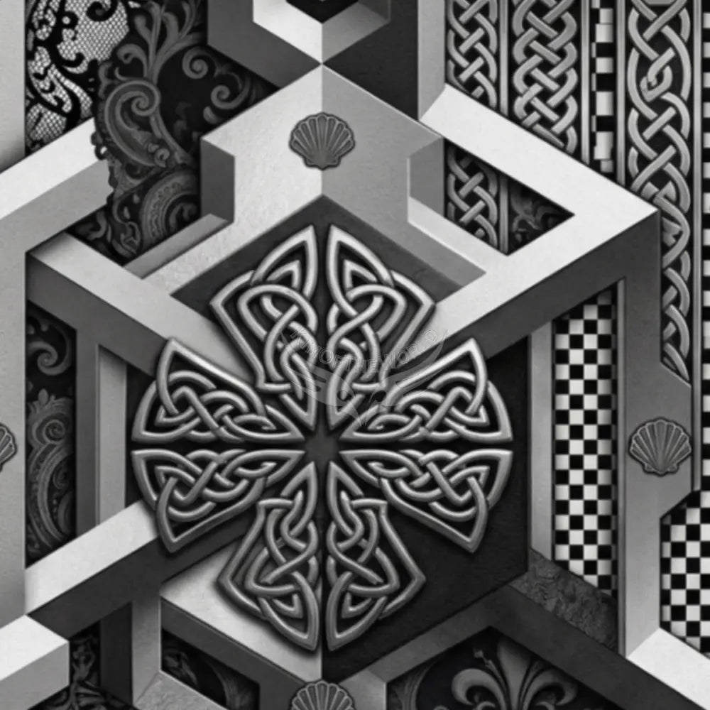 Silver 3D Pewter Chrome Geometric Shells and Lace Unpasted Mural Wallpaper 144’’x100’’ 144’’x100’’ Wall Coverings