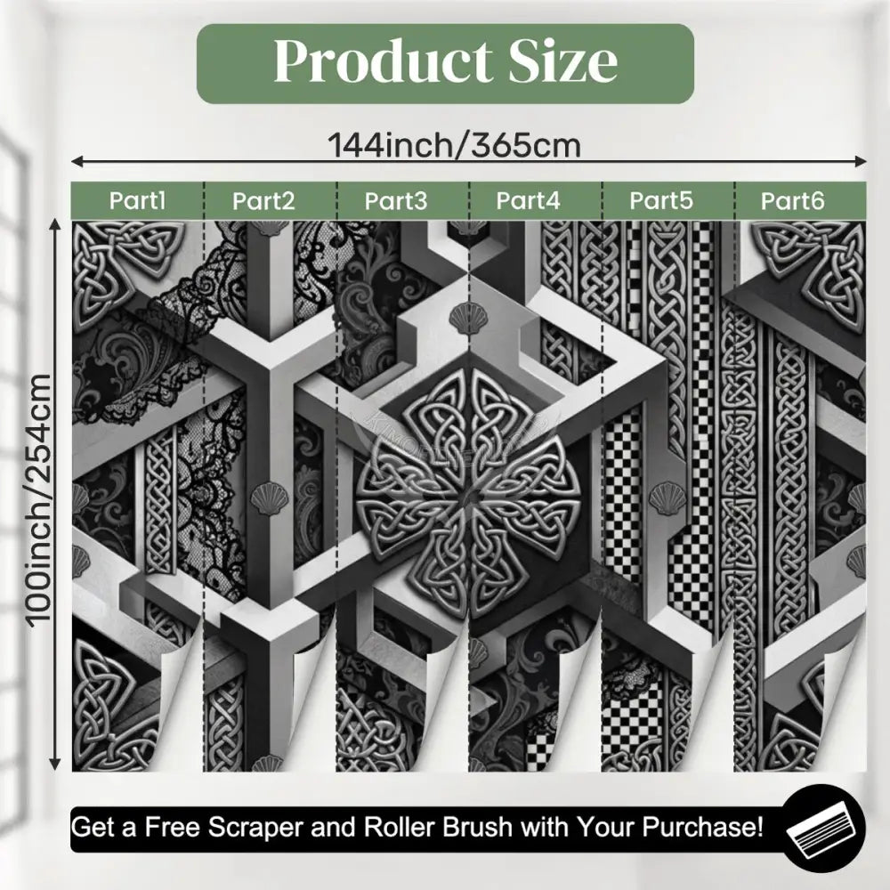 Silver 3D Pewter Chrome Geometric Shells and Lace Unpasted Mural Wallpaper 144’’x100’’ 144’’x100’’ Wall Coverings
