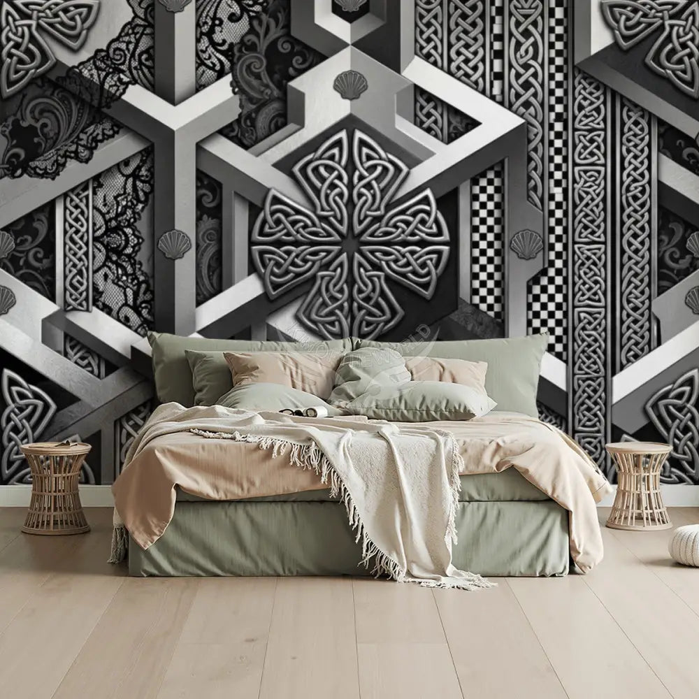 Silver 3D Pewter Chrome Geometric Shells and Lace Unpasted Mural Wallpaper 144’’x100’’ 144’’x100’’ Wall Coverings