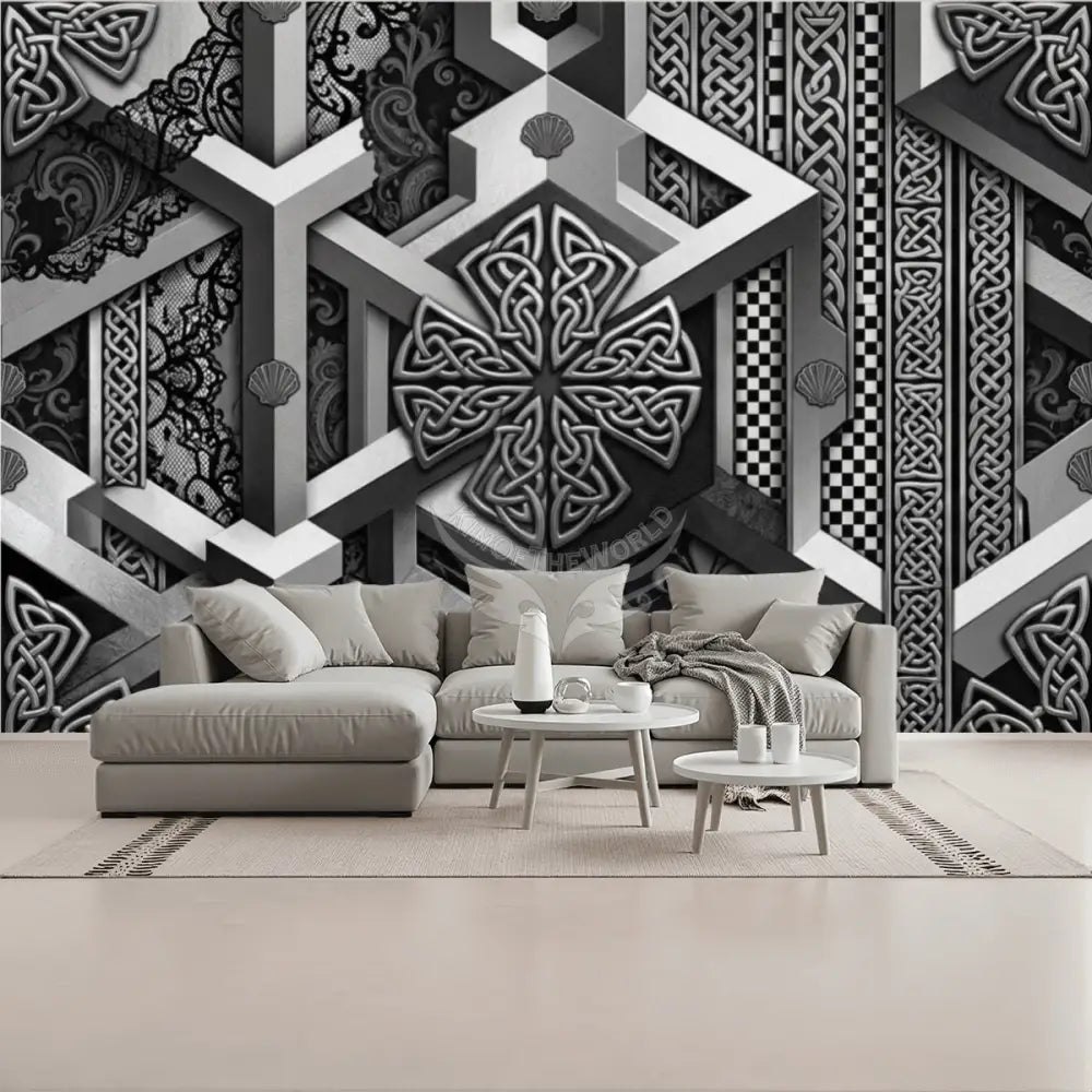 Silver 3D Pewter Chrome Geometric Shells and Lace Unpasted Mural Wallpaper 144’’x100’’ 144’’x100’’ Wall Coverings