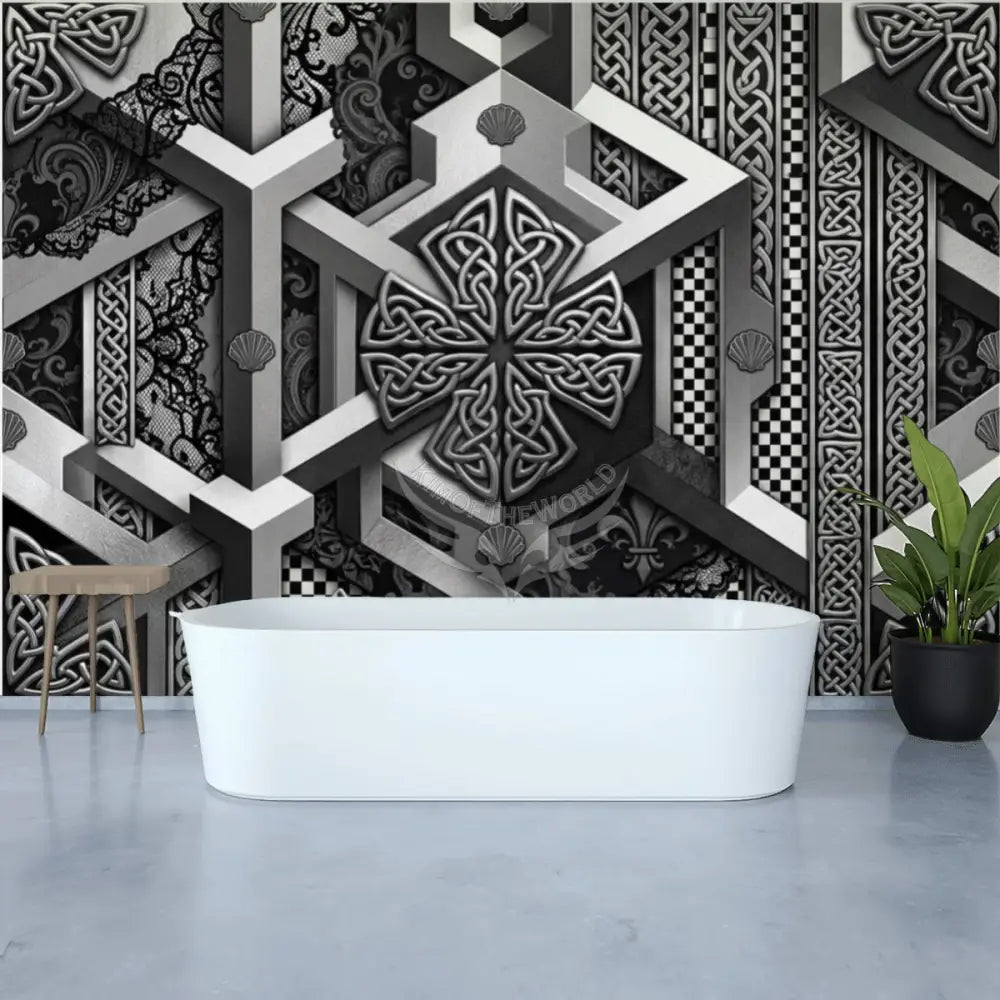Silver 3D Pewter Chrome Geometric Shells and Lace Unpasted Mural Wallpaper 144’’x100’’ 144’’x100’’ Wall Coverings