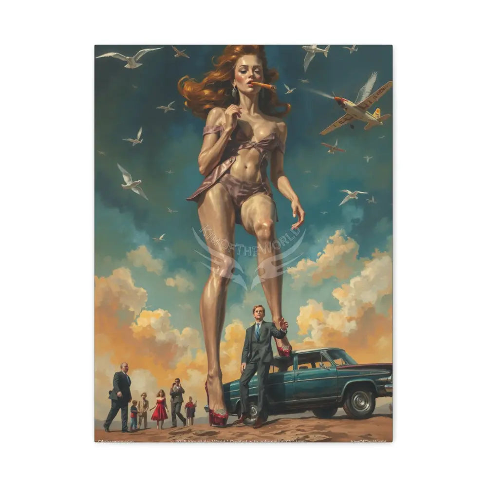 Simulated Oil Painting Giantess Car Crusher Tall Boyfriend Smoking Fetis Stiletto Gothic Giant Canvas Wall Art — Matte