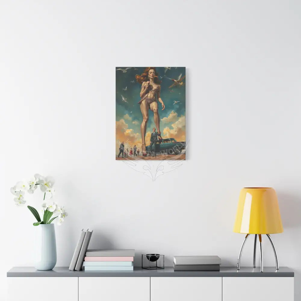 Simulated Oil Painting Giantess Car Crusher Tall Boyfriend Smoking Fetis Stiletto Gothic Giant Canvas Wall Art — Matte