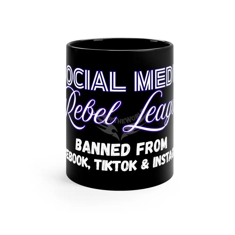 ’Social Media Rebel League’ Coffee Cup Banner Nebula Coffee Mug — 11oz Black Ceramic Space Text Design 11oz / Black Mug