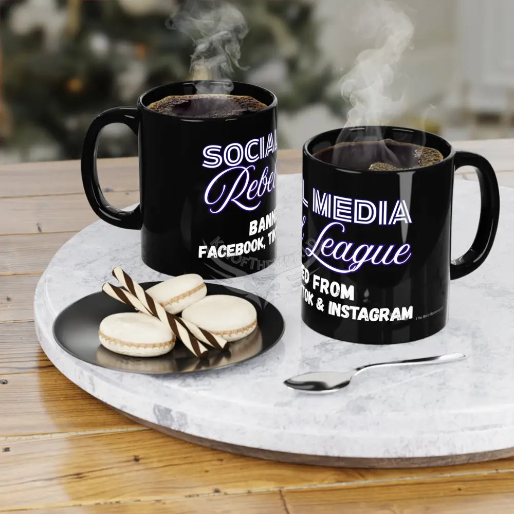 ’Social Media Rebel League’ Coffee Cup Banner Nebula Coffee Mug — 11oz Black Ceramic Space Text Design 11oz / Black Mug
