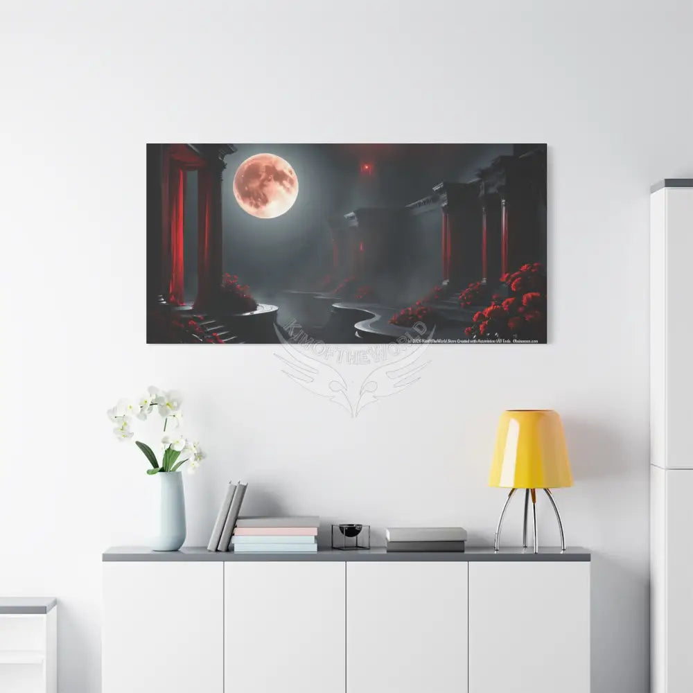 Specific Interior Mood Decor with Moon View - Matte Canvas Wall Art Black & Red Canvas