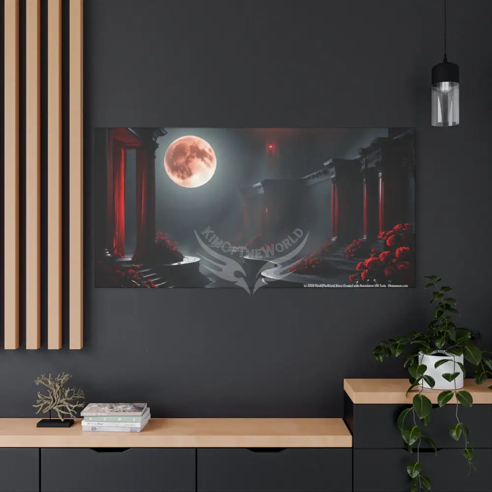 Specific Interior Mood Decor with Moon View - Matte Canvas Wall Art Black & Red Canvas