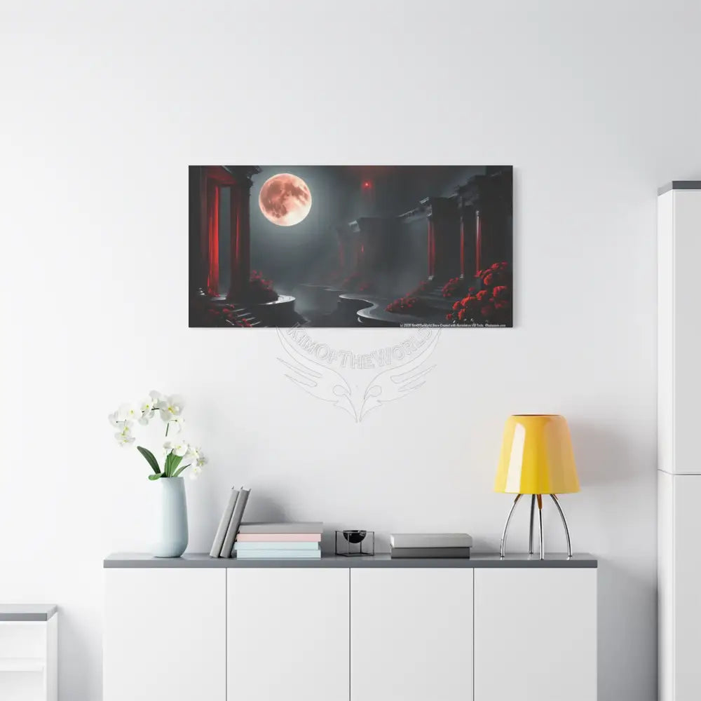 Specific Interior Mood Decor with Moon View - Matte Canvas Wall Art Black & Red Canvas