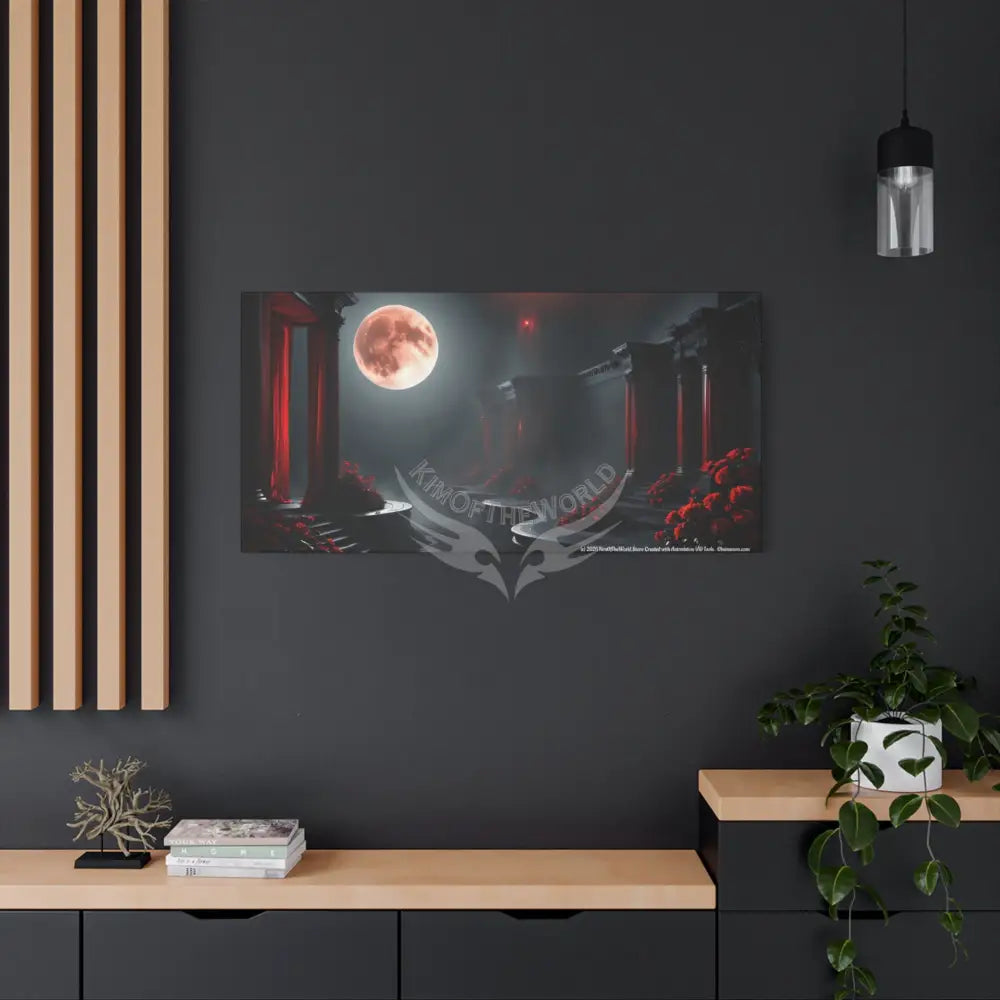 Specific Interior Mood Decor with Moon View - Matte Canvas Wall Art Black & Red Canvas