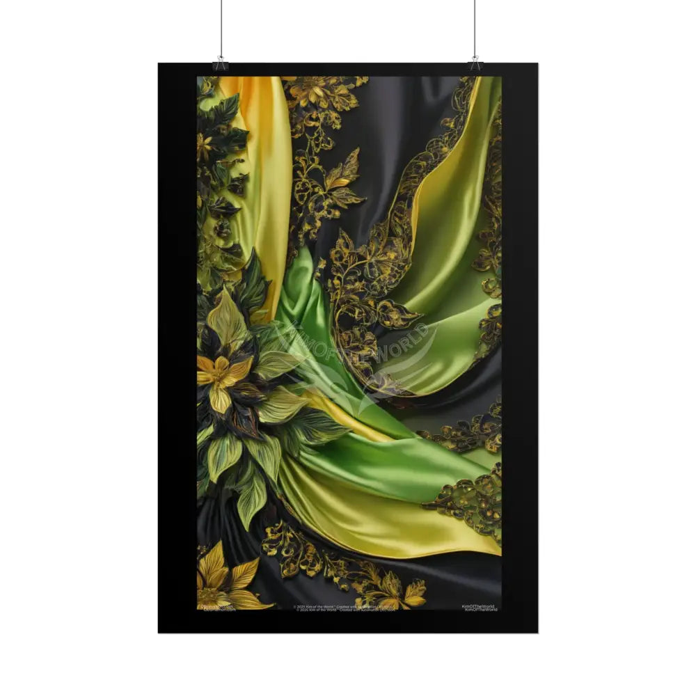 Steampunk 3D Green and Gold Foil Leaf Woman Lady Poster — Nature-Inspired Rolled Framable Print green and gold motif