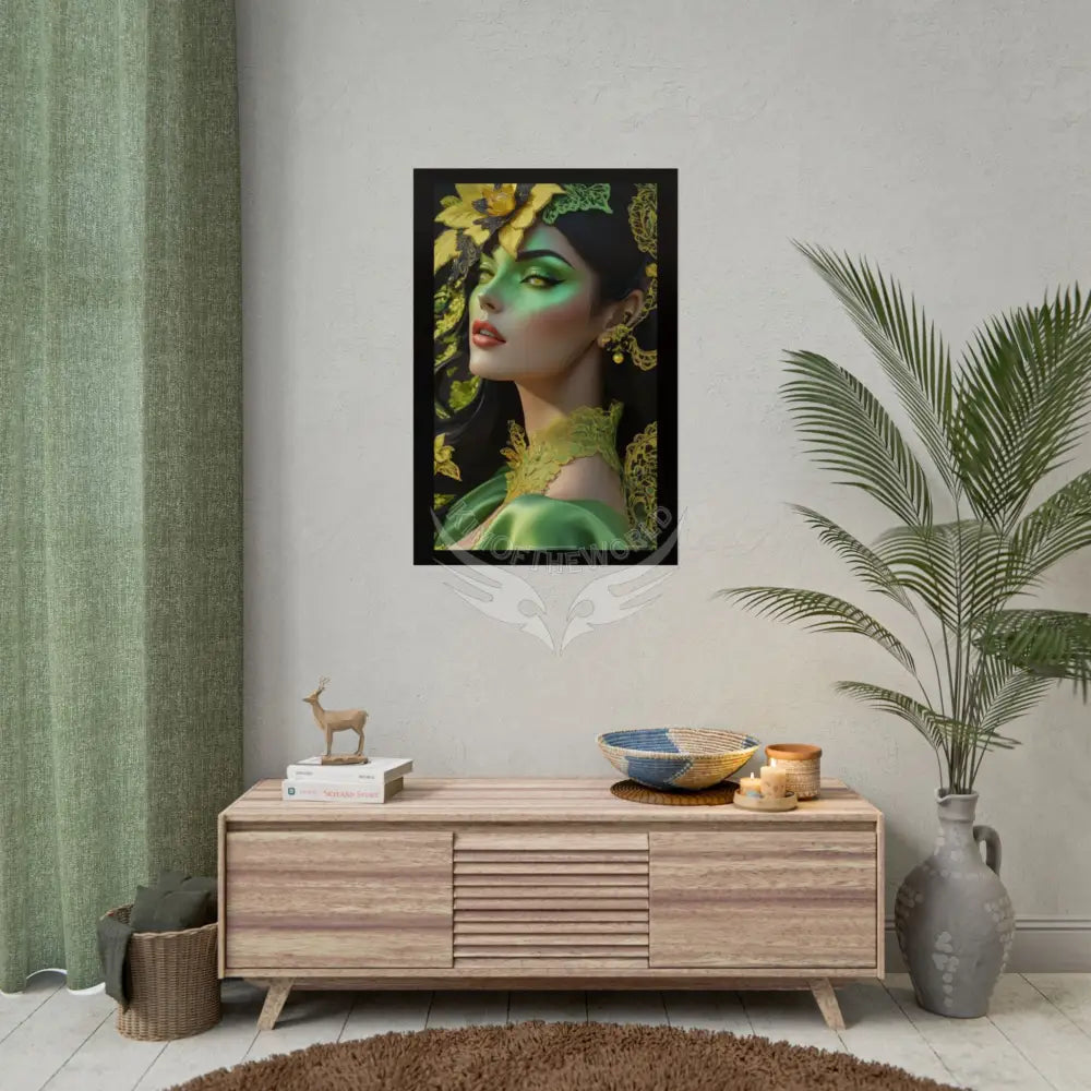 Steampunk 3D Green and Gold Foil Leaf Woman Lady Poster — Nature-Inspired Rolled Framable Print green and gold motif