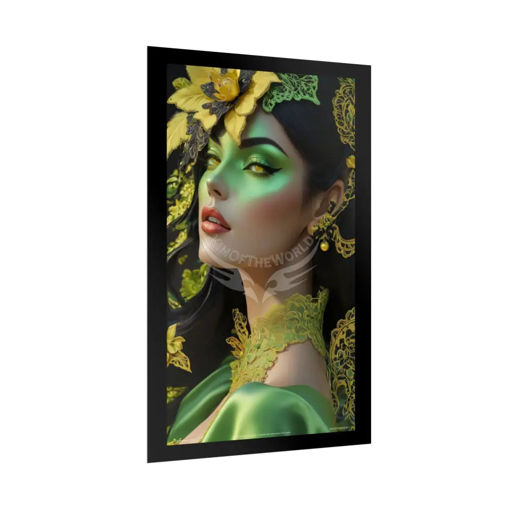 Steampunk 3D Green and Gold Foil Leaf Woman Lady Poster — Nature-Inspired Rolled Framable Print green and gold motif