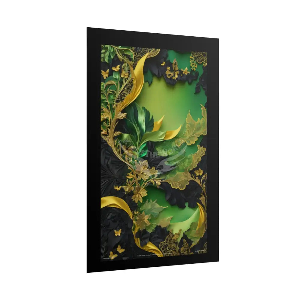 Steampunk 3D Green and Gold Foil Leaf Woman Lady Poster — Nature-Inspired Rolled Framable Print green and gold motif