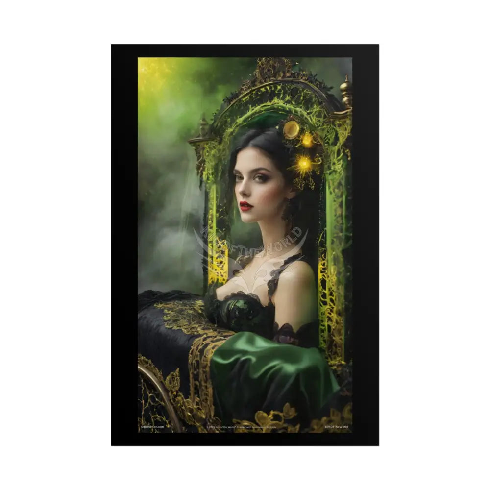Steampunk 3D Green and Gold Foil Leaf Woman Lady Poster — Nature-Inspired Rolled Framable Print green and gold motif