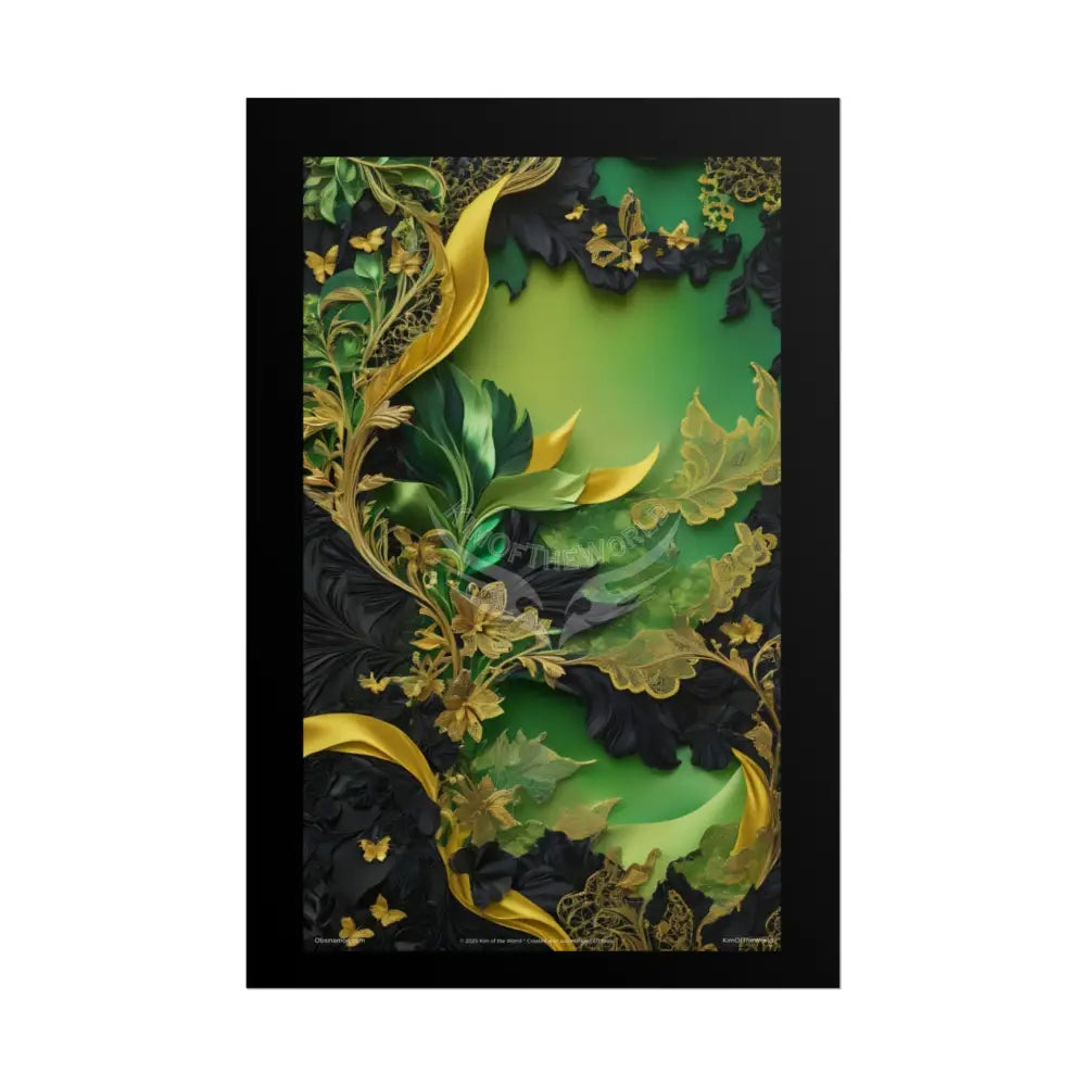 Steampunk 3D Green and Gold Foil Leaf Woman Lady Poster — Nature-Inspired Rolled Framable Print green and gold motif
